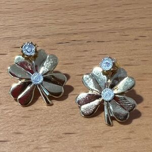 Diamond Chip Gold Tone Clover Pierced Earrings